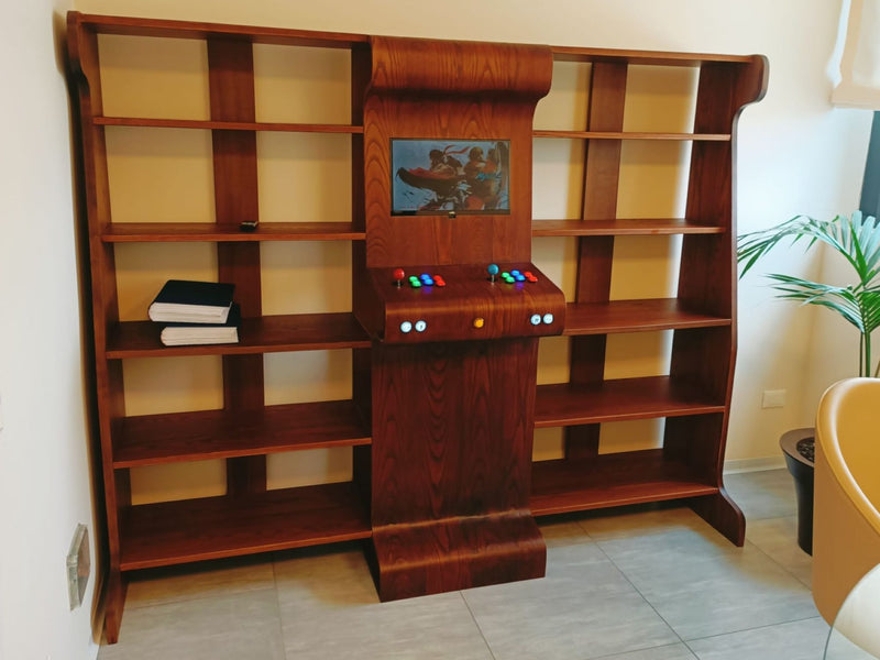 Bibliothèque en frêne teinté merisier avec console d'arcade